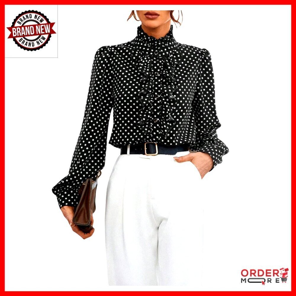 Long Sleeve Polka Dot Ruffle Blouse, Button Down Office Top